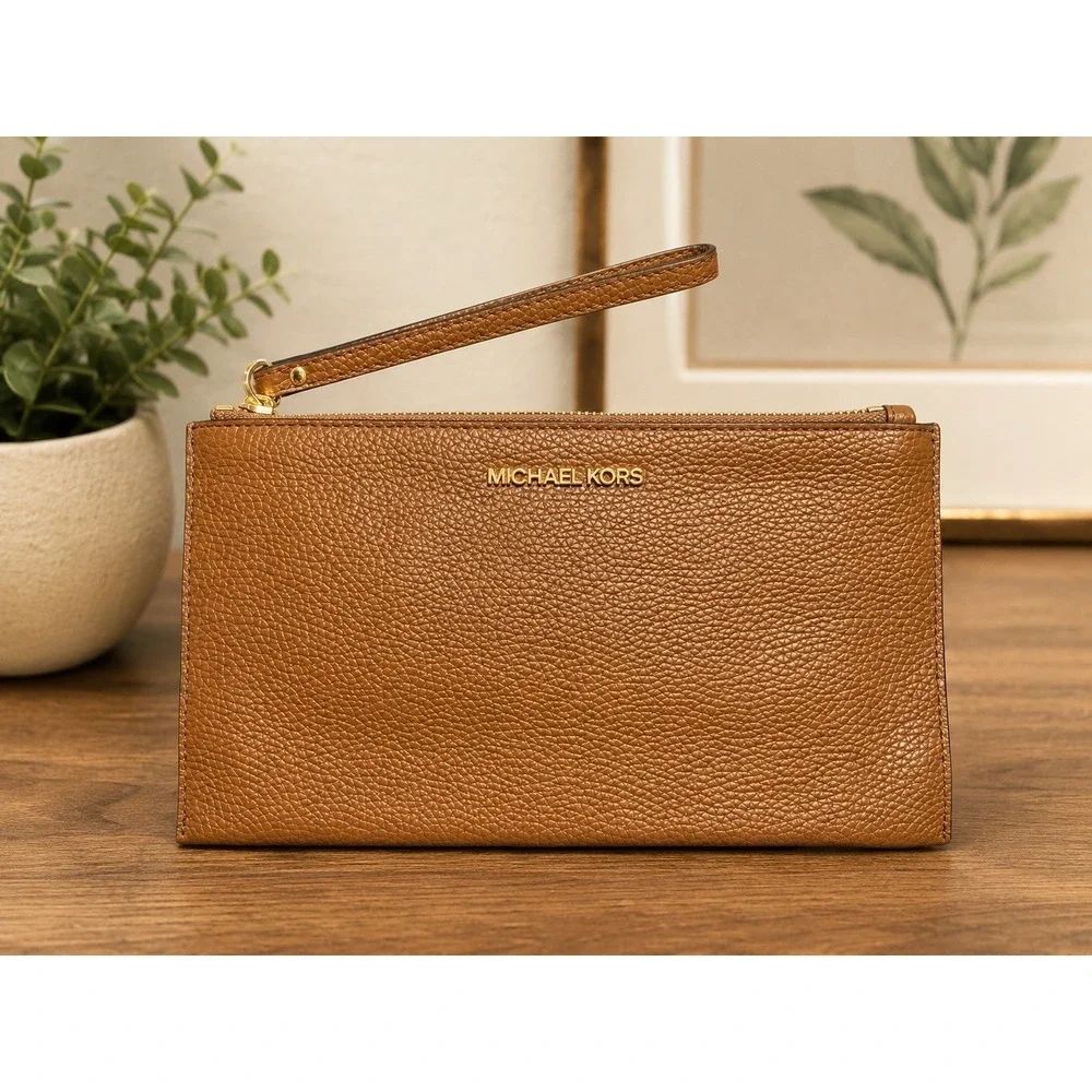 Michael Kors Jet Set Travel Large Zip Wristlet Clutch Luggage Brown Pebbled Gold